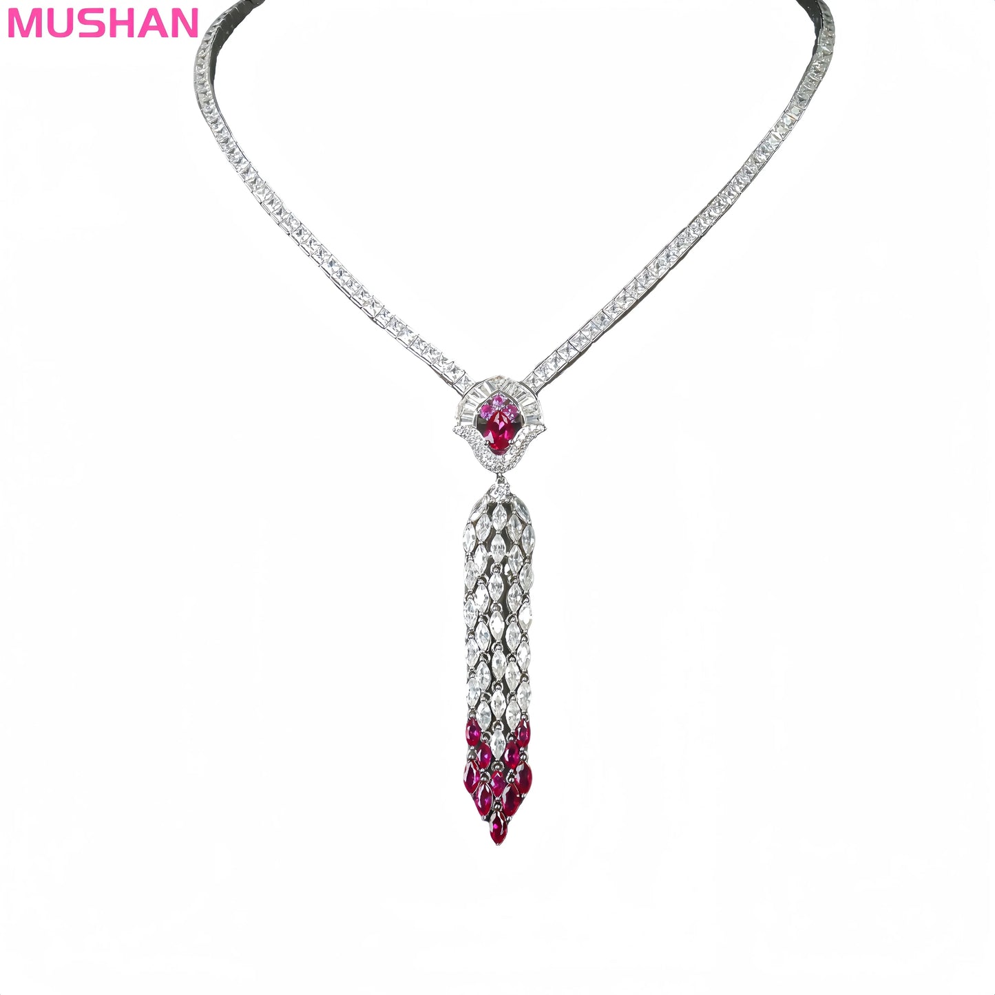 MUSHAN Luxury High Carbon Diamond Ruby Stone Tassel Pendant Necklace 925 Sterling Silver Women Engagement Wedding Party