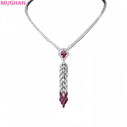 MUSHAN Luxury High Carbon Diamond Ruby Stone Tassel Pendant Necklace 925 Sterling Silver Women Engagement Wedding Party