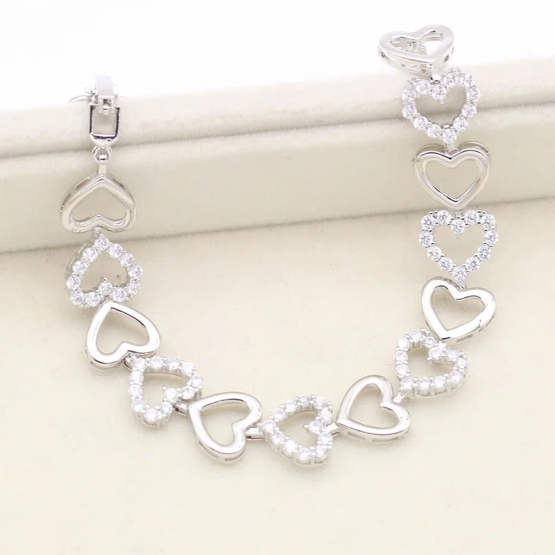 XOTICA Sweet Heart-Shape 925 Silver Custom Jewelry Set White Topaz Necklace Earrings Bracelet for Bridal Wedding Engagement Women's