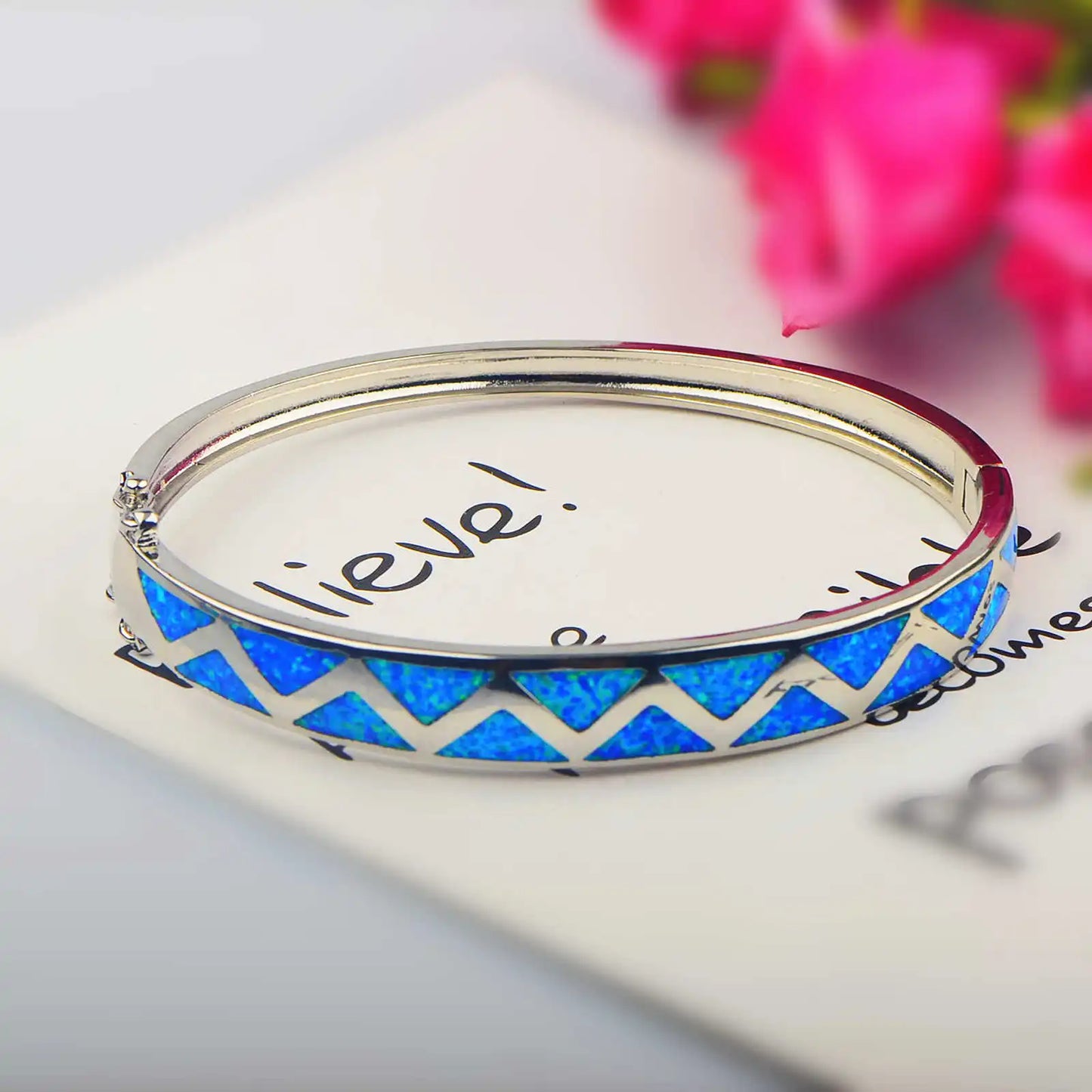 pink  Opal Bangle Aobao Geometric Inlaid Silver Tone Fashion Jewelry