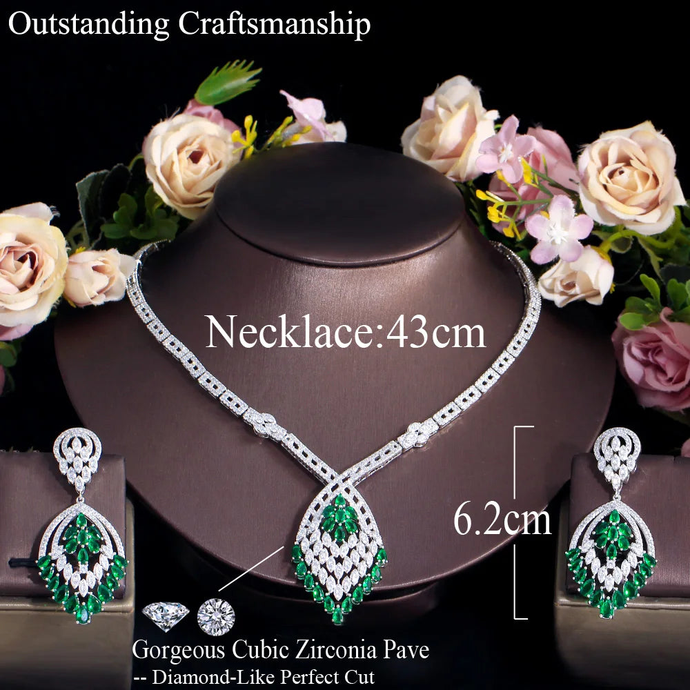 Big Chunky Dangle Drop Green Cubic Zirconia Fringed Chandelier Bridal Wedding Dubai Earring Necklace Jewelry Set