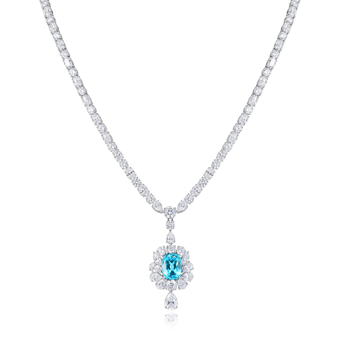 Gemfiori S925 Silver Luxury Lab Created Gemstone Necklace High Quality Women's Cubic Zirconia Lab Grown Paraiba Pendant Necklace
