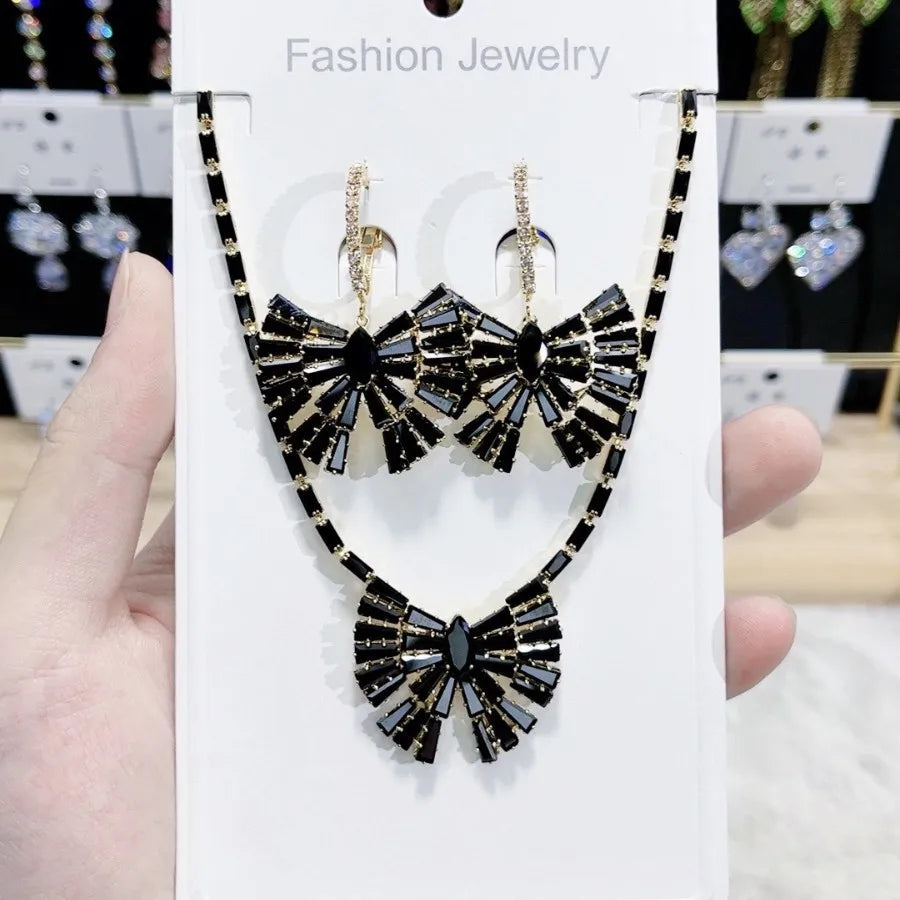 K091 Hot Selling Women Trendy Luxurious Geometric Black Zircon Bridal Necklace Earrings Set Wedding Elegant Jewelry Set