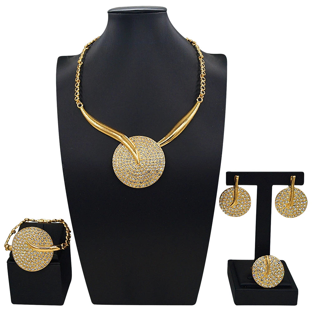 Zhuerrui Gold Plated Jewelry Set for Women Rhinestone Embellished Circular Necklace Earrings Bracelet Ring Party Gift HB01914