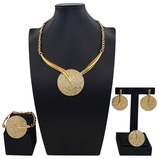 Zhuerrui Gold Plated Jewelry Set for Women Rhinestone Embellished Circular Necklace Earrings Bracelet Ring Party Gift HB01914