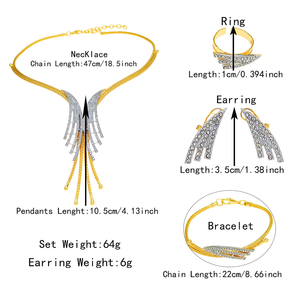 Zhuerrui Elegant Gold Plated Tassel Jewelry Set Rhinestones Women Necklace Earrings Bracelet Ring Set Evening Dress X0011330