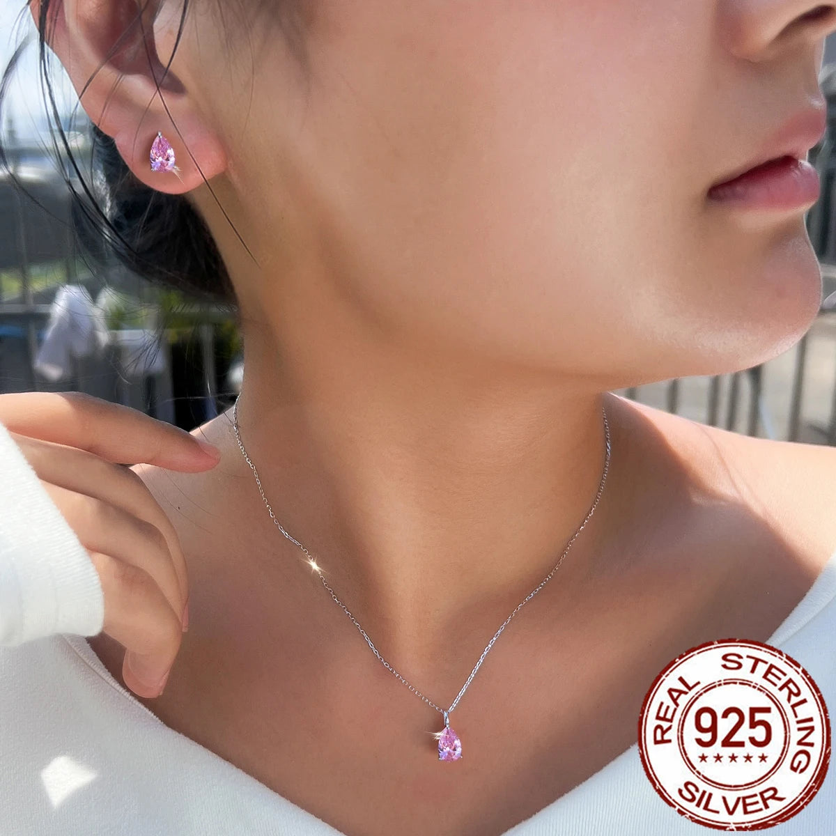 Beauty 925 Sterling Silver Jewelry Set Pink CZ Water Drop Pendant Necklace Stud Earrings Jewelry Set for Women Girls Party Wear