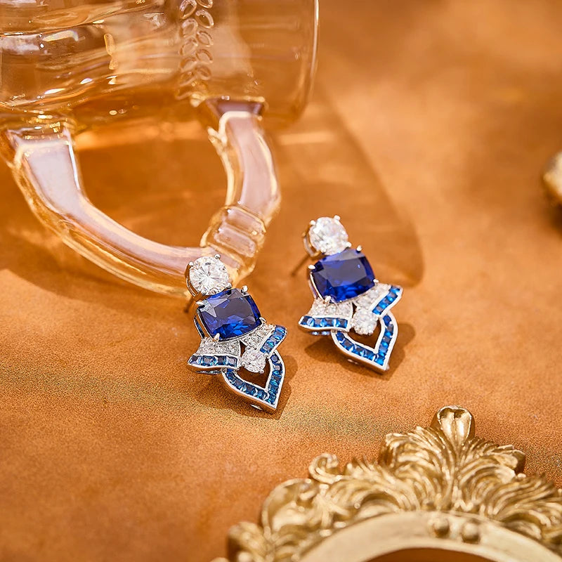 Deep Sea Luxury Cornflower Blue Zircon Brass Necklace Earrings 2-piece Set Sexy Women's Banquet Jewelry Indian Accessories