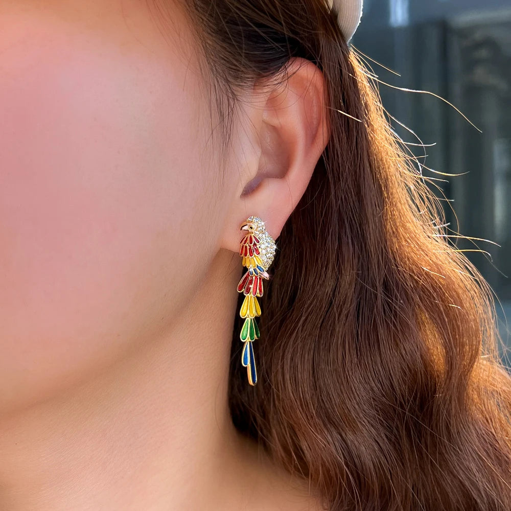 S&S Colourful CZ Feather Bird Dangle Drop Earrings – Gold Plated – Collection