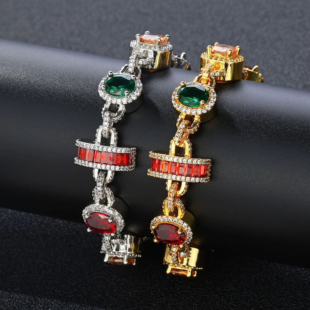 FASHIONISTA Hip Hop Style Colorful Gemstone Bracelet Sparkling Zircon Chain Unisex Gold Plated Brass Charm Bracelet Fashion for Men Women