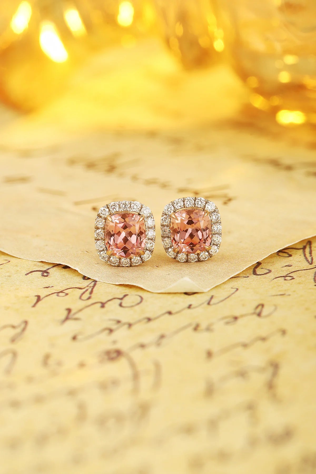 Gemfiori 18K Gold Lab Grown Padparadscha Stud Earrings Cushion Cut Brilliant Sparkle for Fashion Dinner Party