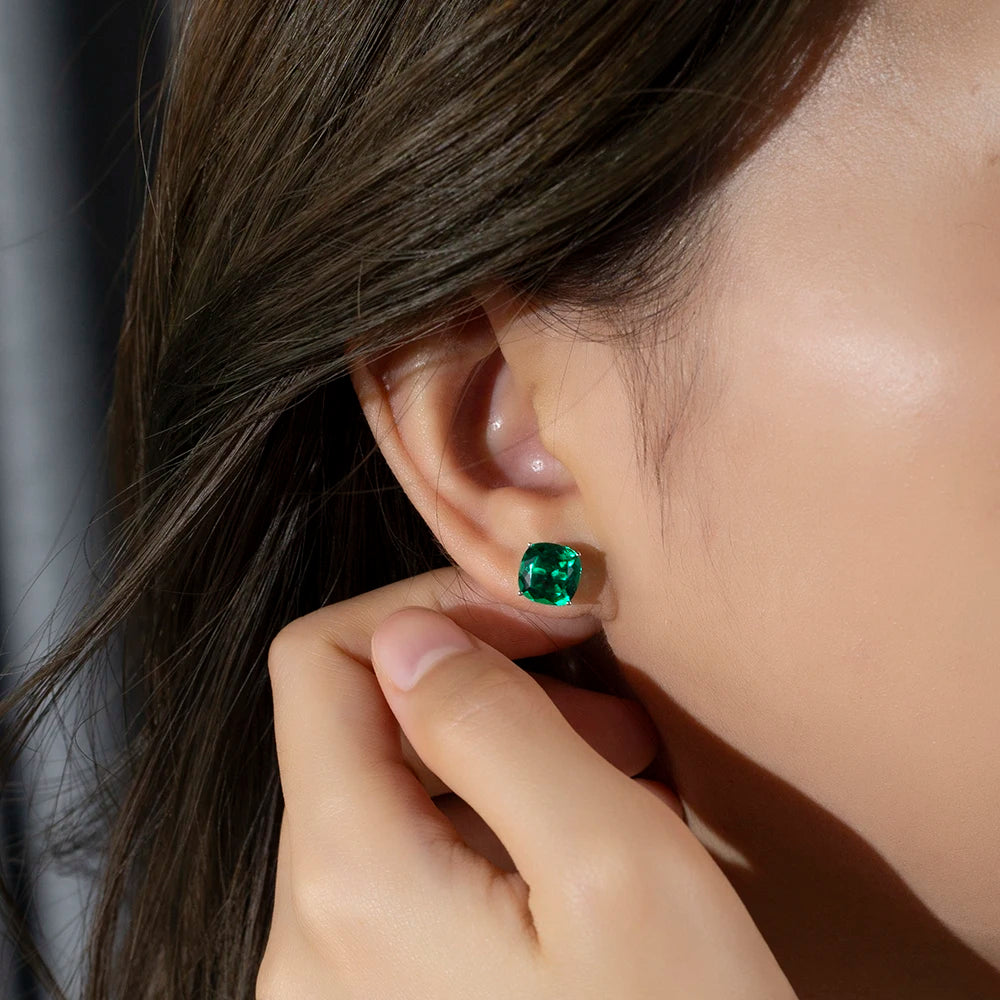 Messi Jewelry MSE-779  10K Gold 7*7mm Cushion Shape Lab Grown Emerald Earrings Engagement Dating Gift for Girls