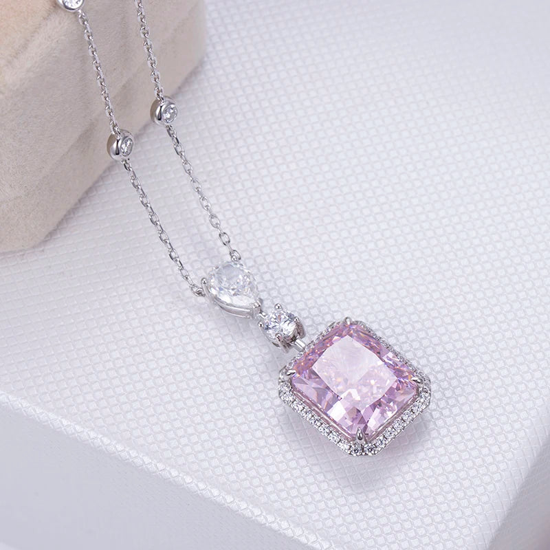 Messi Jewelry MSN-659 Pink Necklace Cubic Zirconia Radiant Cut Pear Silver Pendant for Daily Decorations
