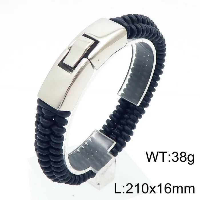 KALEN Trendy Braided Black Cowhide Leather and  Stainless Steel Bracelet Men Double Chain