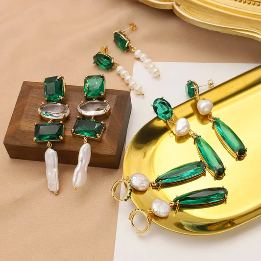 Natural Baroque Pearl Emerald Drop Water Crystal Piercing Earrings for Women Wedding Party  Luxurious Elegant Handmade Jewelry