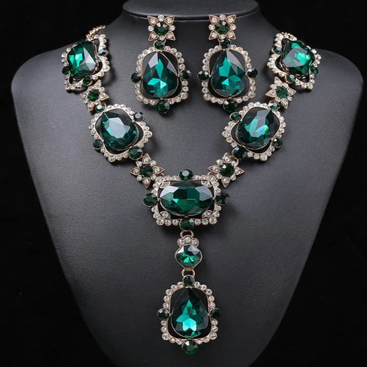 Crystal & Rhinestone Statement Necklace & Earrings Jewellery Set | Bold Retro Glam Fashion Set