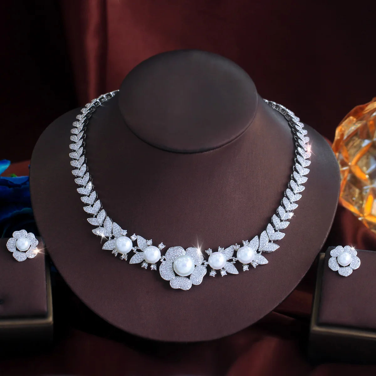 Super Luxury Wedding Bridal Necklace and Earrings Micro Pave Cubic Zircon Big Imitation Pearl Jewelry Set for Women Jewelry Gift