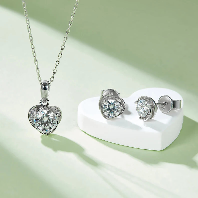 REDheart KRKC Luxury Moissanite Heart Pendant Stud Earrings and Necklace Fine Jewelry 925 Silver Women Jewelry Set