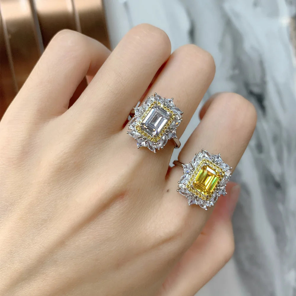 MuShan Jewelry Factory New Goose Yellow Rectangular 6 * 8mm Asche High Carbon Diamond 925 Pure Silver Ring for Women