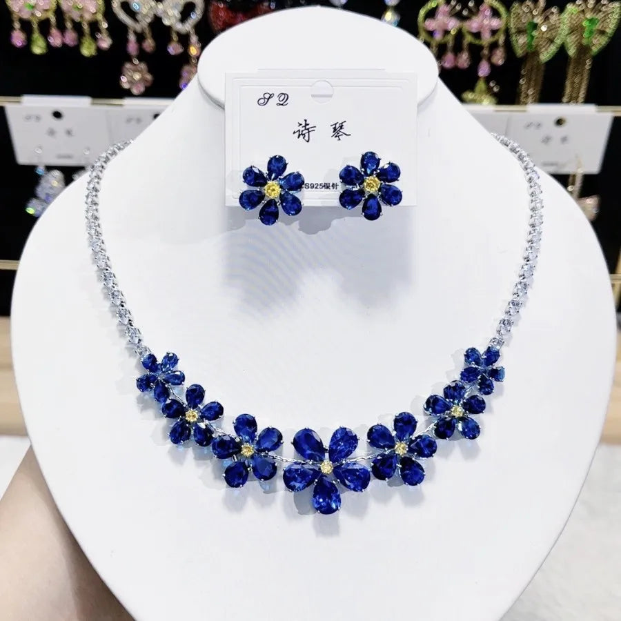 K084 Wholesale Women Trendy Luxury Flower Zircon Bridal Necklace Earrings Set Wedding Elegant Jewelry Set