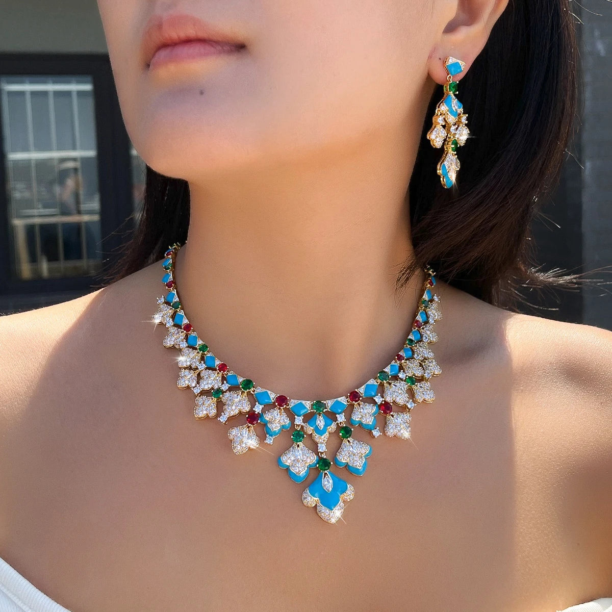 Gorgeous Mediterranean Style Blue Enamel Green CZ Necklace and Earrings Sets Vintage Luxury Jewelry Set for Banquets Vacations