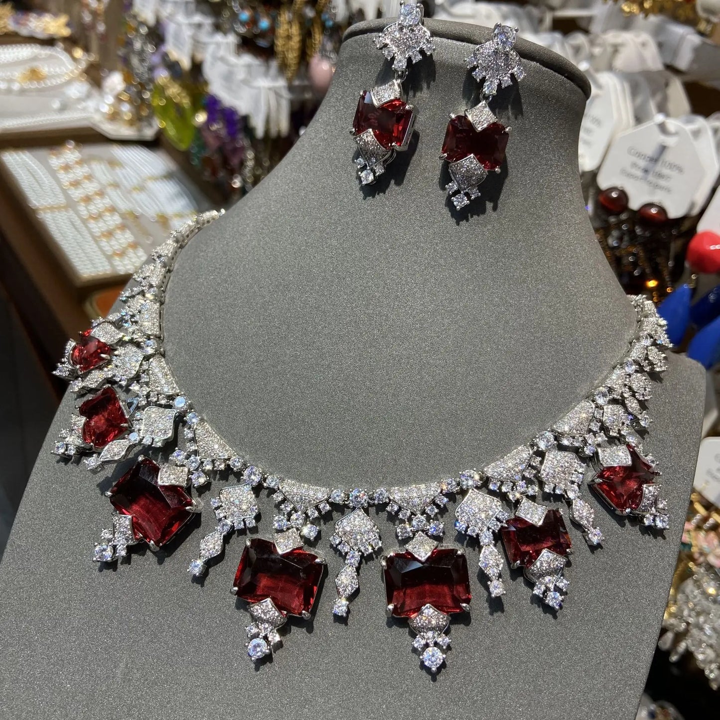 Luxury Princess-Cut Ruby Zirconia Claw-Set Necklace & Earrings Bridal Set — Rhodium Plated