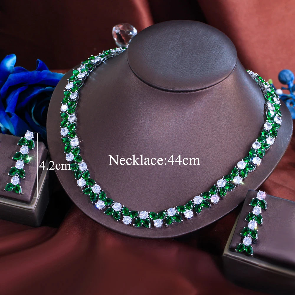 Trendy Green White Color Cubic Zirconia Wedding Brides Anniversary Jewelry Set for Women Necklace and Earrings Dress Accessories