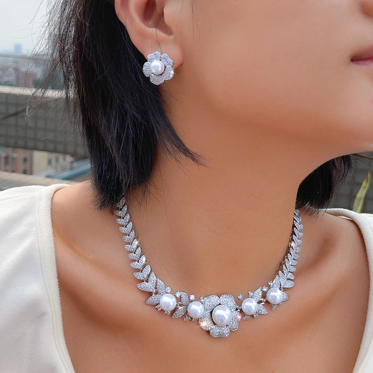 Super Luxury Wedding Bridal Necklace and Earrings Micro Pave Cubic Zircon Big Imitation Pearl Jewelry Set for Women Jewelry Gift