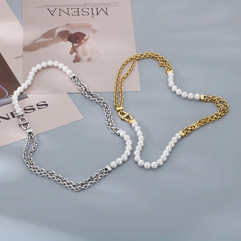 REBEL Unisex Elegant Noble Style Stainless Steel&Pearls Necklace