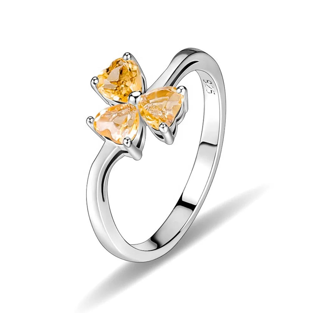ArtistA A380 Abiding Delicate Curved Wave Shank Triple Heart Cut Natural Citrine Amethyst Rhodolite Topaz Gemstone Clover Flower Rings