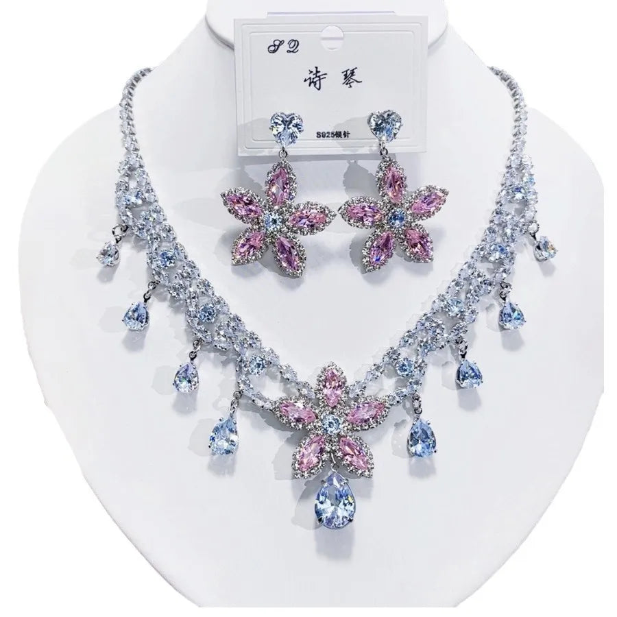 K076 High End Women Trendy Luxurious Pink Flower Zircon Bridal Necklace Earrings Set Wedding Elegant Jewelry Set