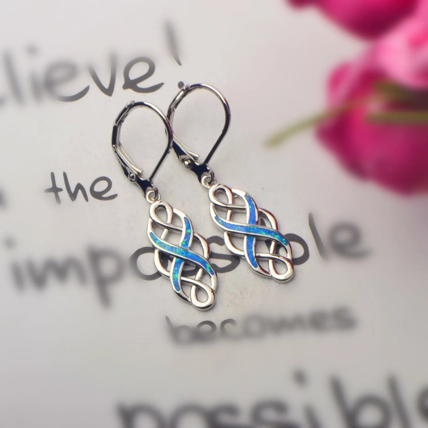 Blue Opal Infinity Earrings | Silver Twisted Design Drop Jewelry