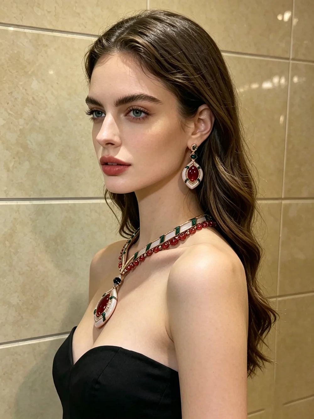 XM S427 Rose Gold Plated Marquise Cut Topaz, White Shell & Green Enamel CZ Pendant Necklace & Drop Earrings Set