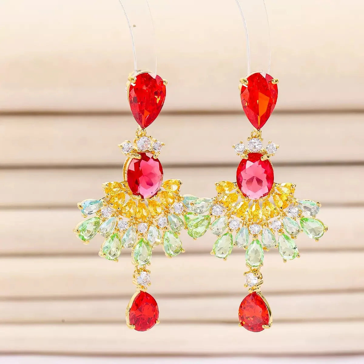 Bella Viva Luxury Fan Dangle Colorful Cubic Zirconia Necklace and Earring Sets, 18K Gold Plated Brass, for Formal Banquet Party
