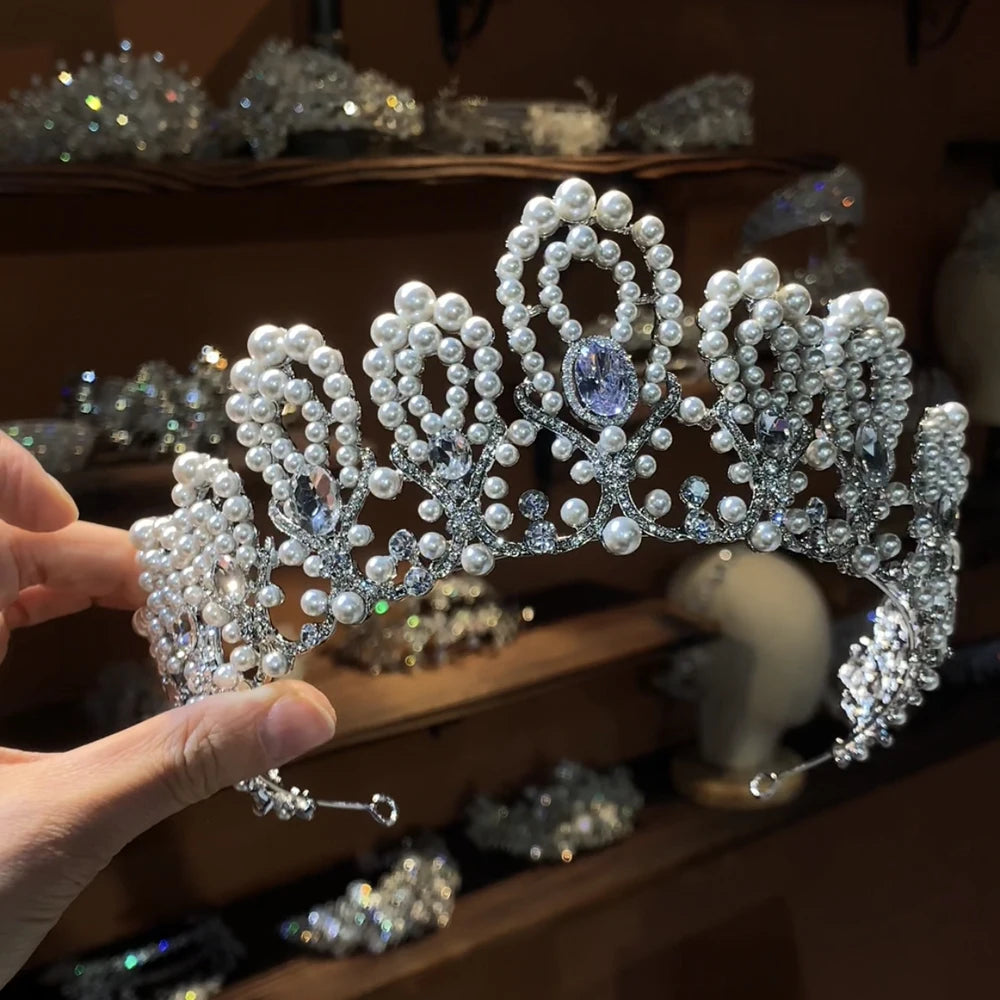 Japanese Korean Wedding Zircon Pearl Crown Princess Headdress Vintage Tiara Bridal Elegant Hair Accessory
