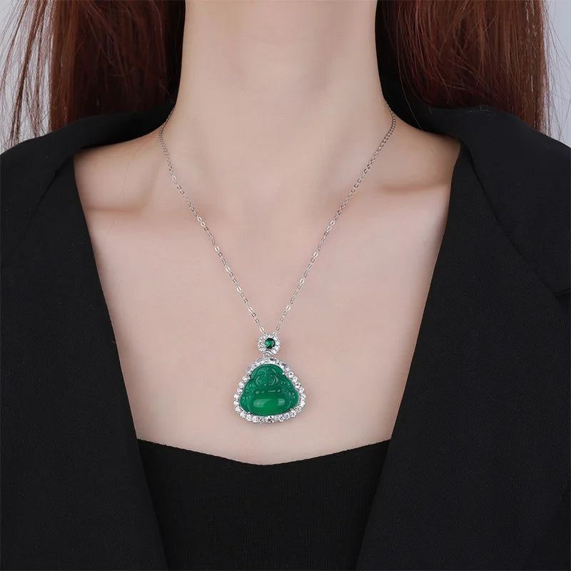 REDheart Inlaid Green Chaltony Buddha Necklace Brass Inlaid Zircon Temperament Pendant Women's Gold Plated Wedding Party