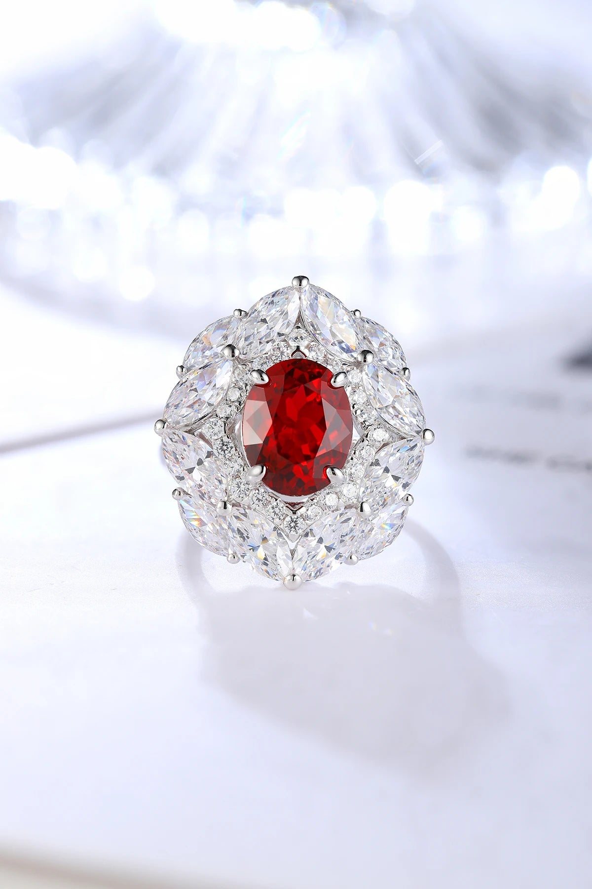 Gemfiori Hot Sale Colorful Gemstones Ring Oval 925 Sterling Silver Lab Grown Ruby Engagement Rings for Women