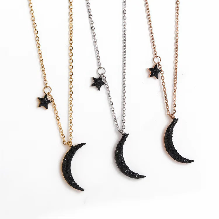 S&S Hot Sale Women 18K Gold Plated Black Crystal Crescent Star Moon Pendant Necklace with Link Chain Stainless Steel Alloy