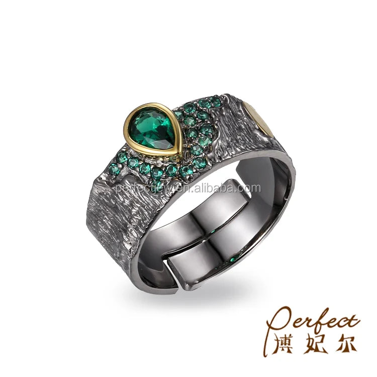 Thailand Design Green Spinel 925 Sterling Silver Ring with Black Gold Plated for Women