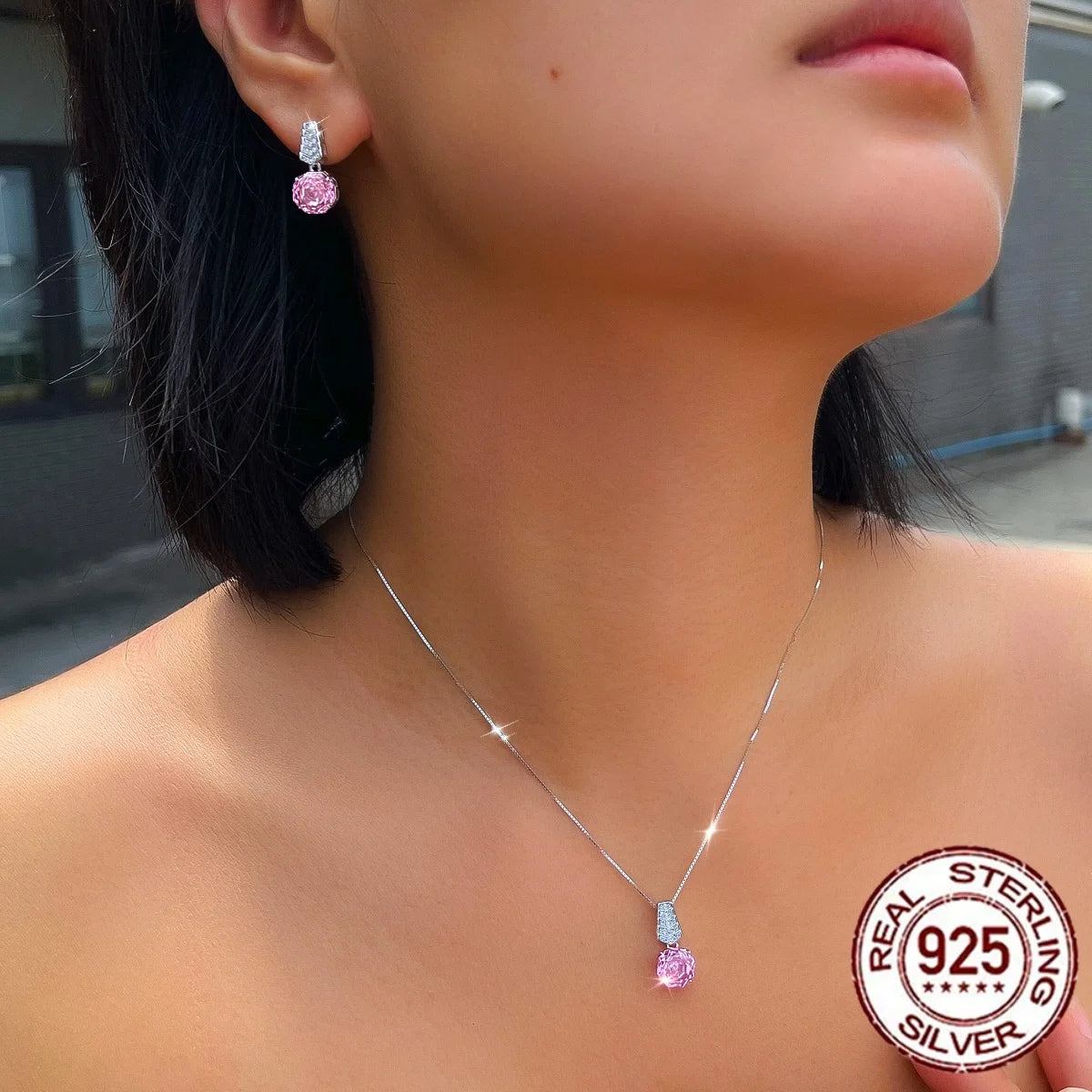 S925 Sterling Silver Pendant Necklace and Earrings Hypoallergenic Rose-Cut Cubic Zirconia V-Shaped Ladder Design Jewelry Set