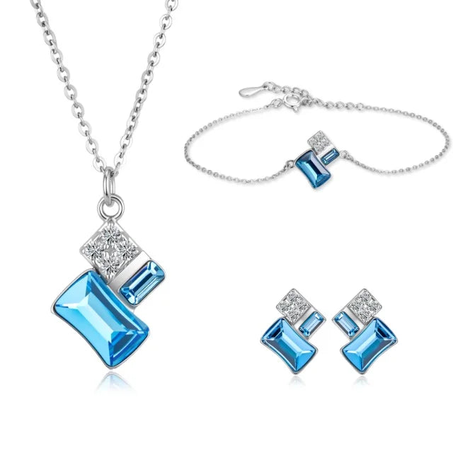 S&S Crystal Rhinestone Geometric 925 Silver Jewellery Set | Rhodium Plated Necklace, Bracelet & Earrings | S&S Collection