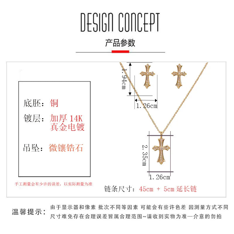 Wholesale Fashion Exquisite Cross Necklace and Earrings Set with Zircon Luxury Real Gold Plated Jewelry Set for Women