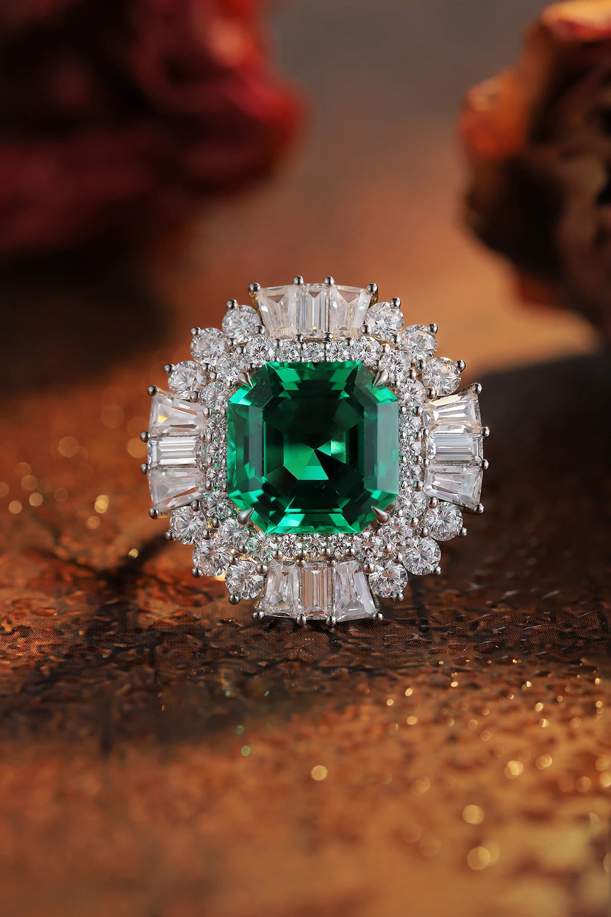 Gemfiori Anster Lab Created Emerald Women Ring S925 Sterling Silver Lab Made Diamonds and Emeralds Ring