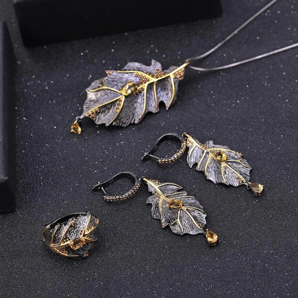 ArtistA Abiding Designer Leaf Shape Ring Earring Brooch Necklace Gold Plated Natural Citrine 925 Sterling Silver Bridal Jewelry Set
