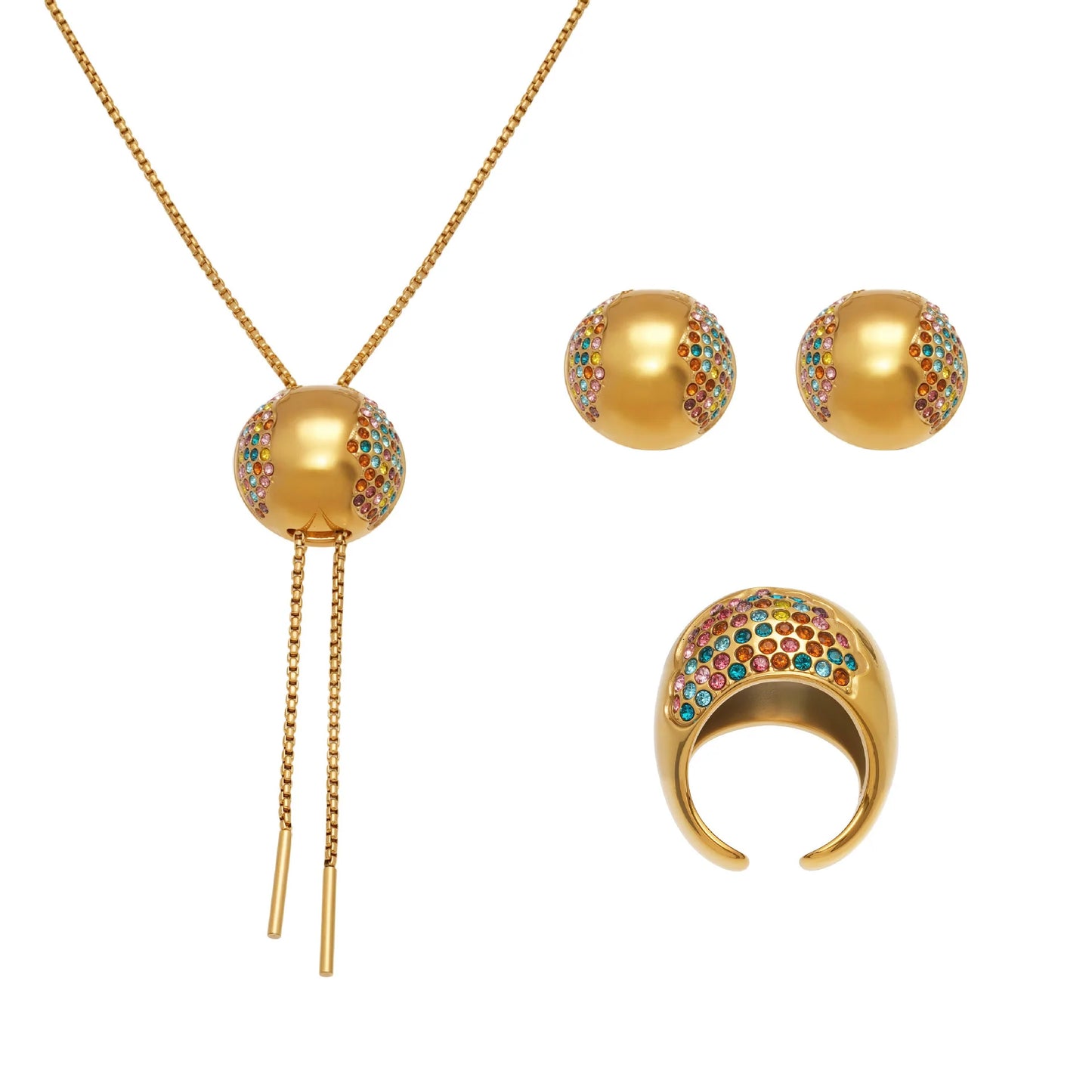 Hollow Semi-Circle Zircon Necklace, Stud Earrings & Ring | Light Luxury Geometric Stainless Steel Set