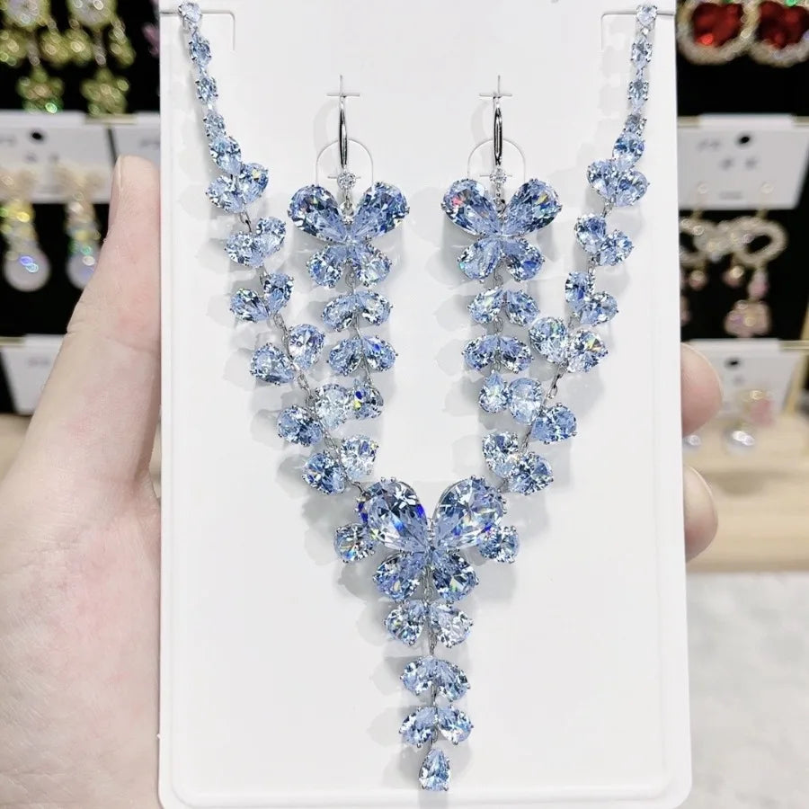K040 Top Quality Trendy Luxury Exquisite Zircon Butterfly Necklace Earrings Set Women Elegant Jewelry Set for Party