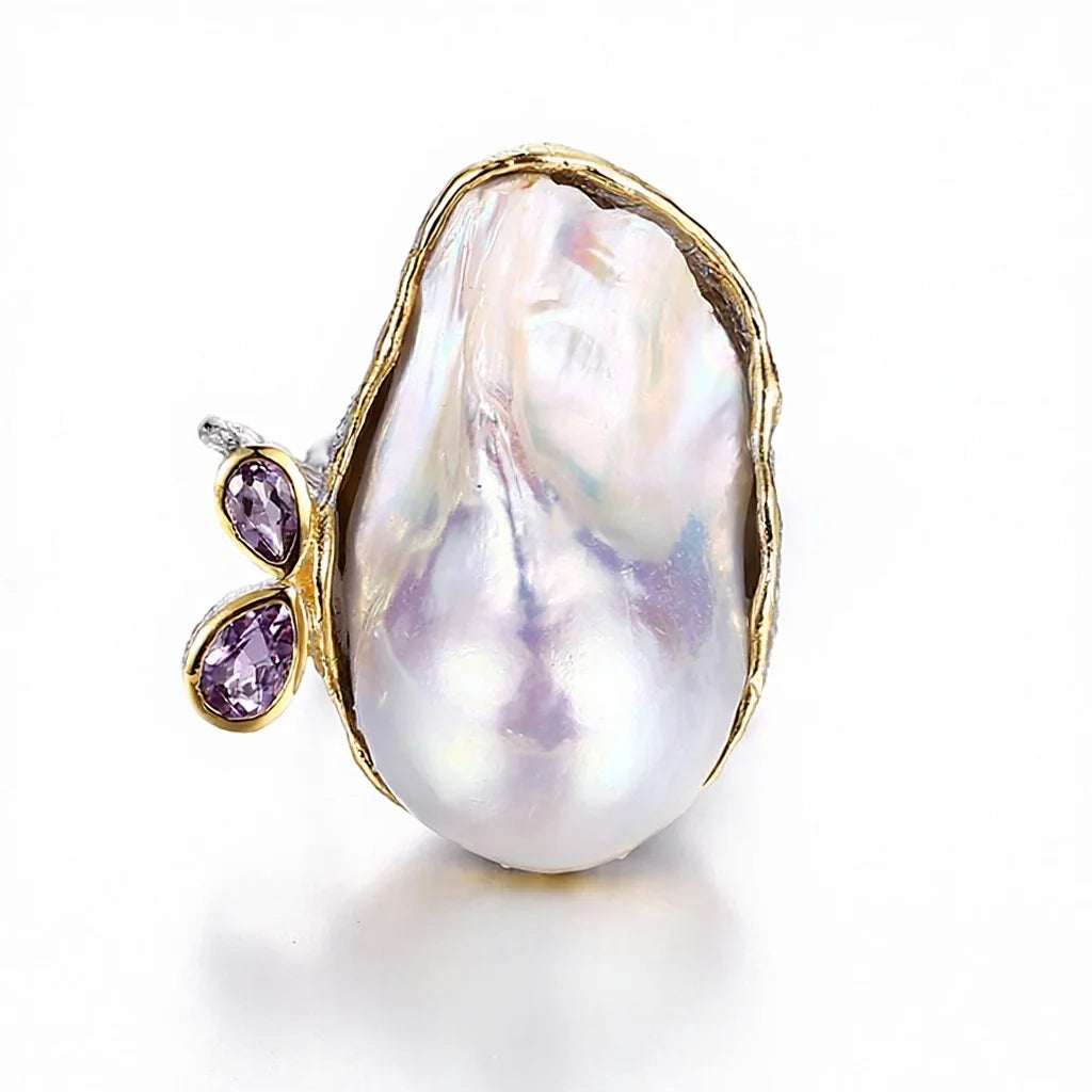 Natural Freshwater Baroque Pearl 925 Sterling Silver Rings