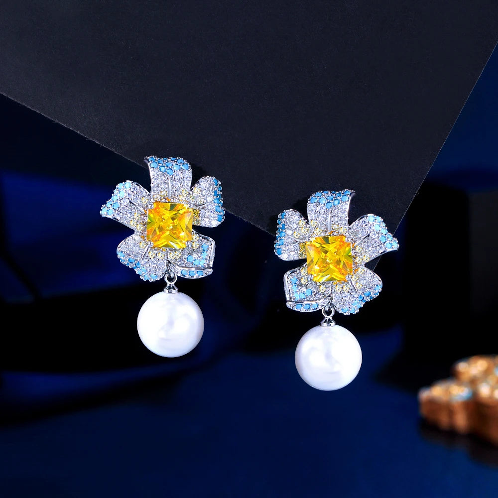Women Elegant Jewelry Multicolor Cubic Zirconia Artificial Pearl Turquoise Big Flower Drop Earrings for Bridal Valentine's Day