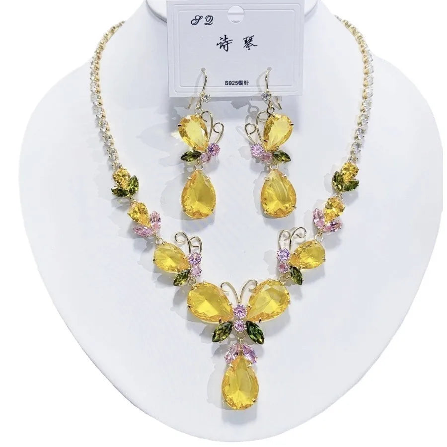 K071 High Quality Women Trendy Luxury Butterfly Yellow Zircon Bridal Necklace Earrings Set Wedding Elegant Jewelry Set
