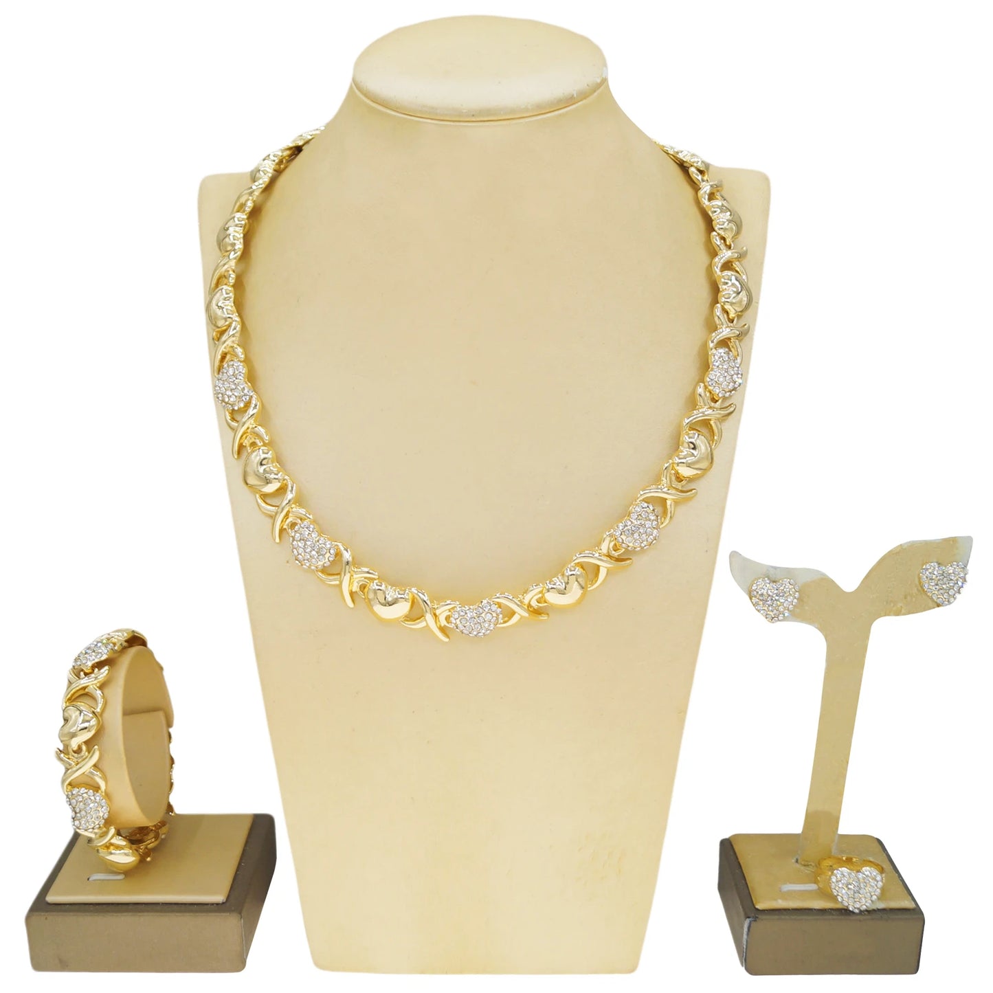 Zhuerrui's New Fashion Dating Jewelry Set of Four Pieces, High-end Gold-plated and Diamond-encrusted Heart, Vibrant and Elegant